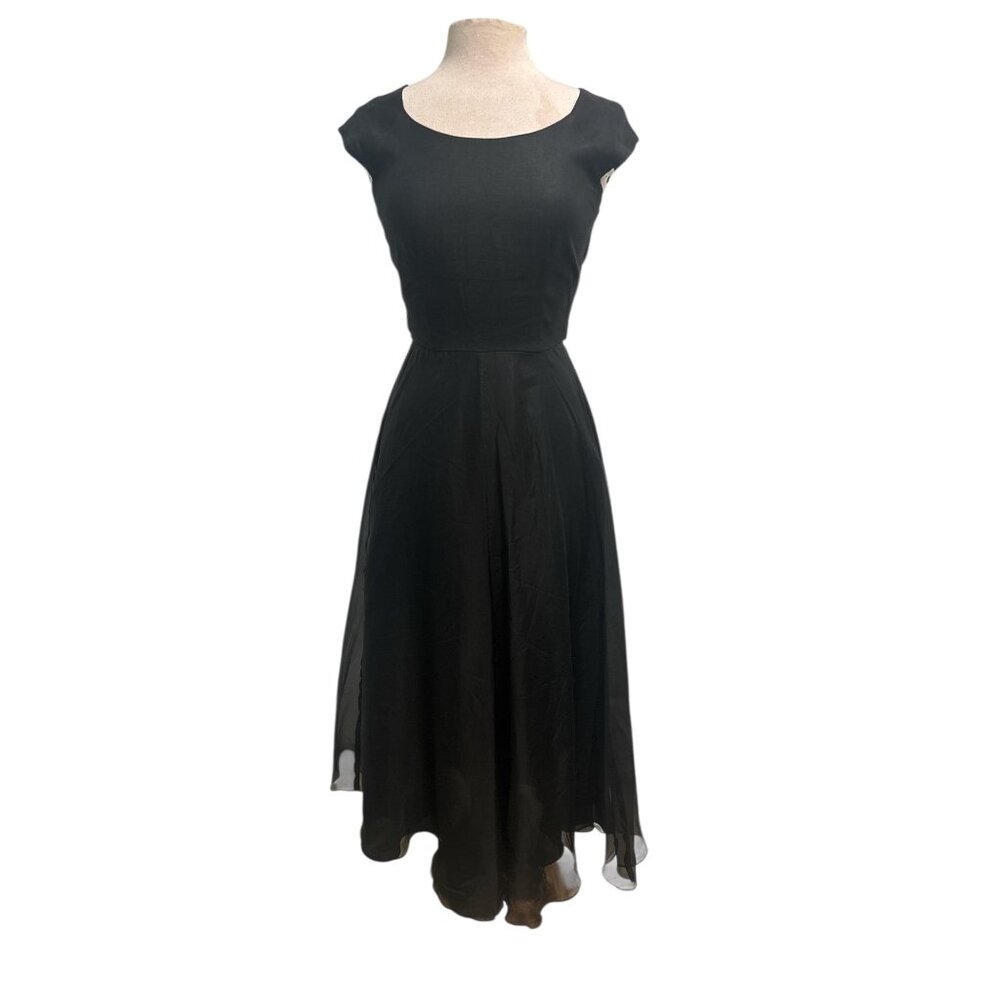 Elizabeth Wayman Black Silk Chiffon Midi Dress Tie Back USA Womens 2 - Picture 2 of 13